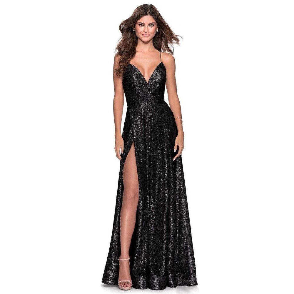 La Femme - 28276 Sequined Open Crisscross Back Dress With Slit size 8